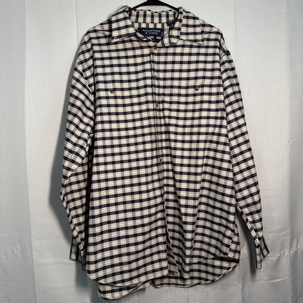 Roundtree & Yorke Button Down Shirt XL Blue‎ White Gingham Oxford